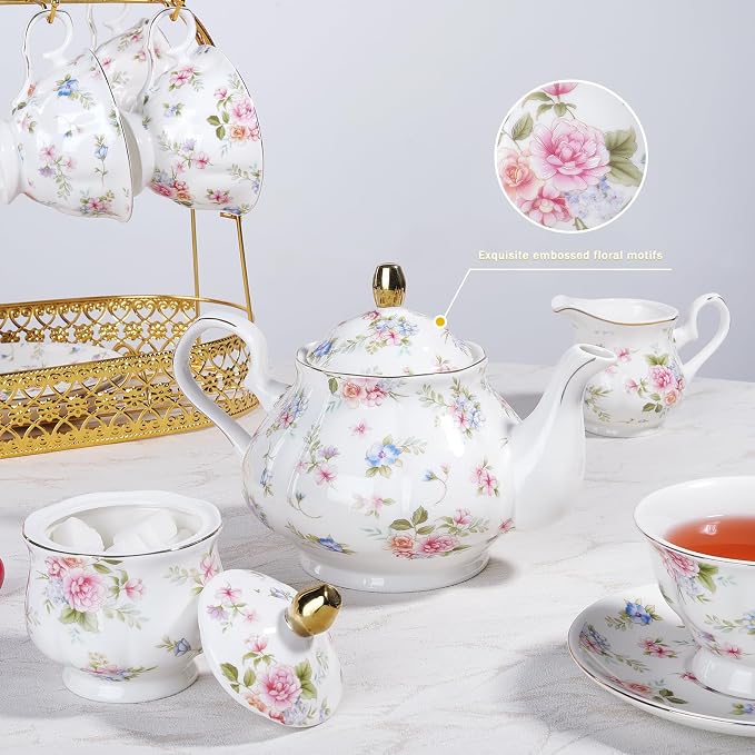 fanquare 21 Pieces Pink Blue Floral Porcelain Tea Set - Image 3
