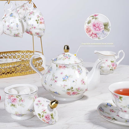 fanquare 21 Pieces Pink Blue Floral Porcelain Tea Set - Image 3