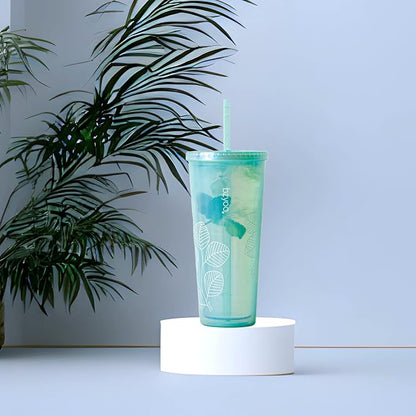bzyoo 24oz Plastic Tumbler Cup, Lid & Straw, Iced Coffee, Pearl Green Leaf - Image 8