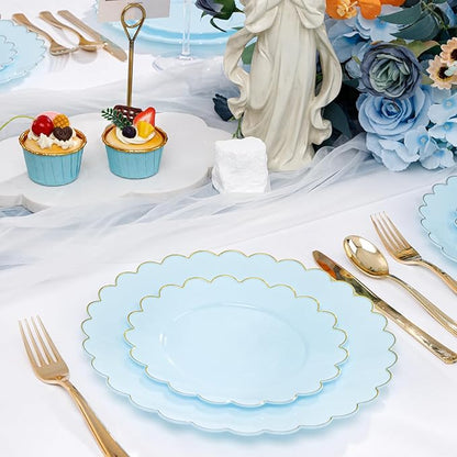 LIYH 60 Pcs Baby Blue Plastic Plates with Gold Edge - Disposable Light Blue Plastic Plates Includes 30 Dinner Plate 10.25" and 30 Dessert Plate 7.5" for Party Birthday