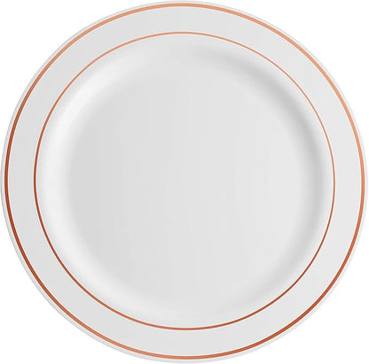 Munfix 100 Rose Gold Rim Plastic Plates Set, 50 Pcs 10 Inch Dinner and 50 Pcs 7 Inch Plastic Dessert Plates, Elegant Fancy Heavy Duty Disposable Plates for Party, Wedding, White Rose Gold Rim