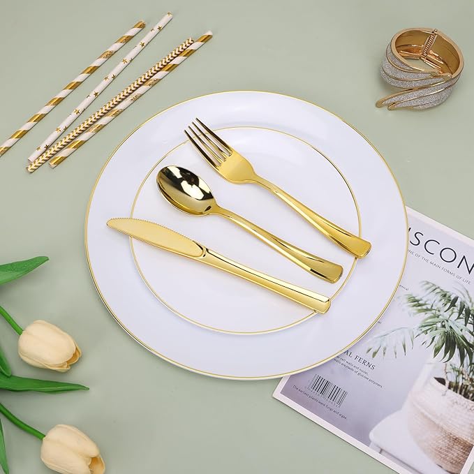 Moretoes 250PCS Gold Disposable Dinnerware Set, White and Gold Plastic Party Plates for 50 Guests, Includes 50 Dinner Plate,50 Dessert Plate,150 Gold Cutlery for Wedding & Party