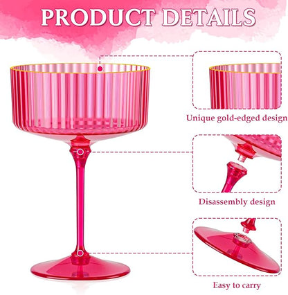 12 PCS Ribbed Coupe Glasses Hot Pink Plastic Champagne Coupe Cup 10oz Detachable Gold Rim Espresso Martini Glass Vintage Margarita Glassware Cocktail Glass Set for Valentine's Day Bachelorette Party