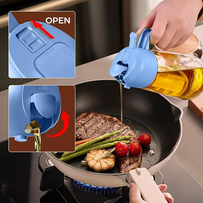 YARRAMATE 16oz/470ml Glass Olive Oil Sprayer for Cooking with Stickers, 2 in 1 Oil Dispenser for Kitchen Gadgets, Food Grade Premium Spray Bottle with Portion Control for Salad, BBQ(SkyBlue)