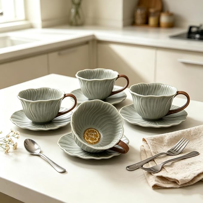 KOOV Latte Cup and Saucer Set of 4, Vintage Hand-Painted 10 oz Ceramic - Image 2