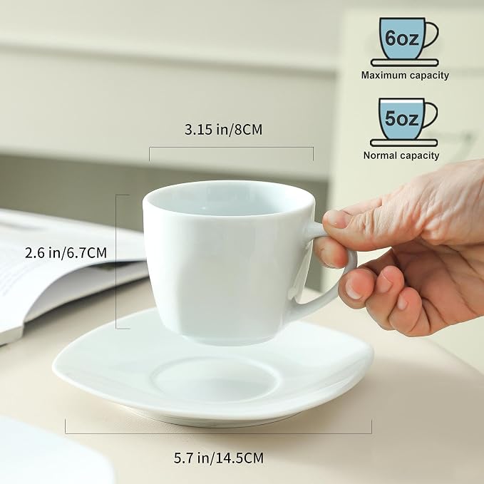 6.5 Ounce Porcelain Espresso Cups and Saucers Set of 6, Ceramic Cappuccino - Image 2