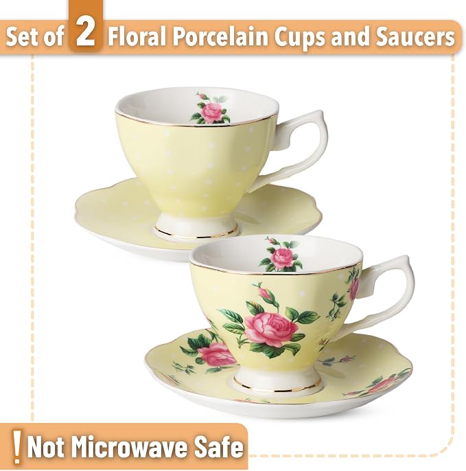 BTaT- Floral Tea Cups and Saucers, 8 oz, Fine Porcelain Teacup Set - Image 2