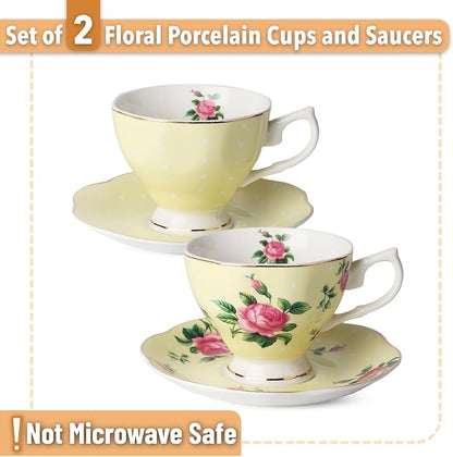 BTaT- Floral Tea Cups and Saucers, 8 oz, Fine Porcelain Teacup Set - Image 2