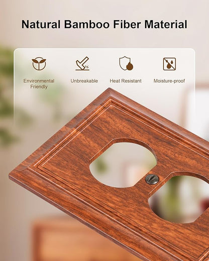 6-Pack Duplex Outlet Cover Plate, Decorative Wood Grain Switch Plates and Outlet Covers, Natural Bamboo Fiber Wall Plates for Electrical Outlets, 1 Gang Receptacle Cover, Corrosion Resistant