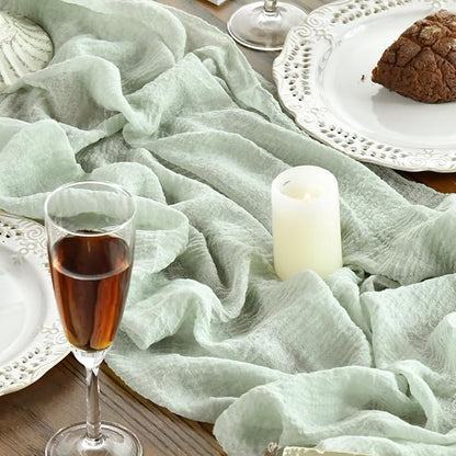 Artoid Mode Boho Cheesecloth Gauze Sage Green Wedding Table Runner, 120 Inch - Image 6
