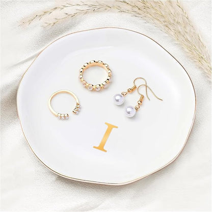 ProCase Ceramic Jewelry Tray, Initial Ring Dish Trinket Plate Engagement Gift, Small Personalized Monogram Ring Bowl for Wedding, White Decorative Jewelry Holder for Women Vanity -Letter I