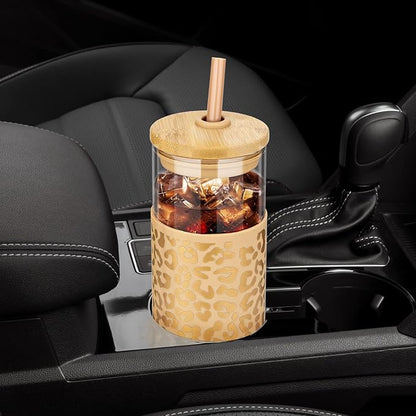 Tronco 20 oz Glass Tumbler with Lid and Straw, Iced Coffee Cup and Smoothie Cup with Bamboo Lids & Protective Silicone Sleeve, Dishwasher Safe, BPA-Free, Glass Cup 1 Pack