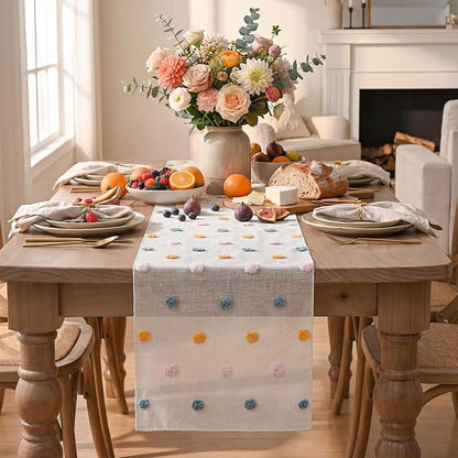 Artoid Mode Pink Blue Yellow Pom Pom Tulle Table Runner, Seasonal Washable - Image 2