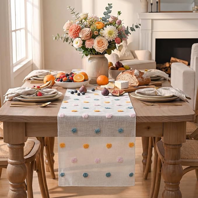 Artoid Mode Pink Blue Yellow Pom Pom Tulle Table Runner, Seasonal Washable - Image 2