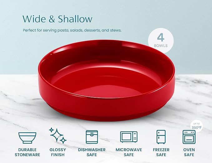 KooK Ceramic Large Pasta Bowls, Microwave and Dishwasher Safe, Shallow Serving - Image 6