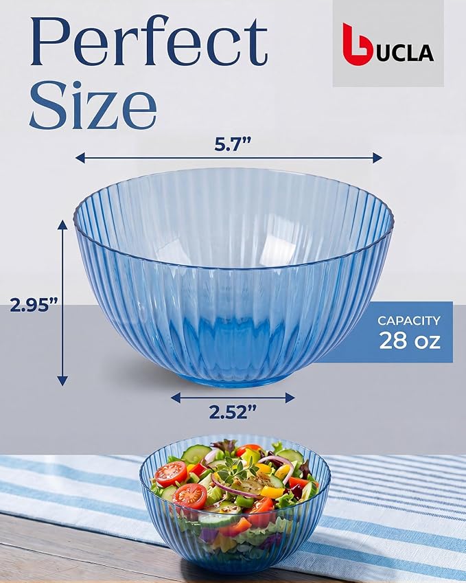 bUCLA 12 PCS Plastic Cereal Bowls Set - 28 Oz Clear Blue Disposable Vertical - Image 2