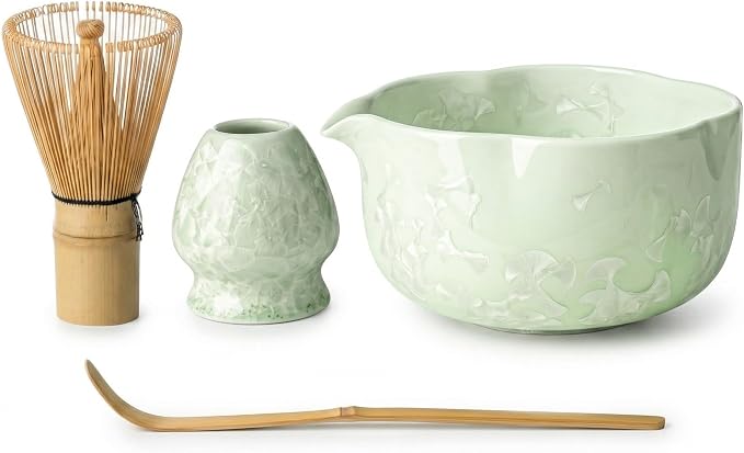 4-Piece Matcha Set, Crystal Glazed Bowl and Bamboo Whisk | Handcrafted Petal by GleeNflux