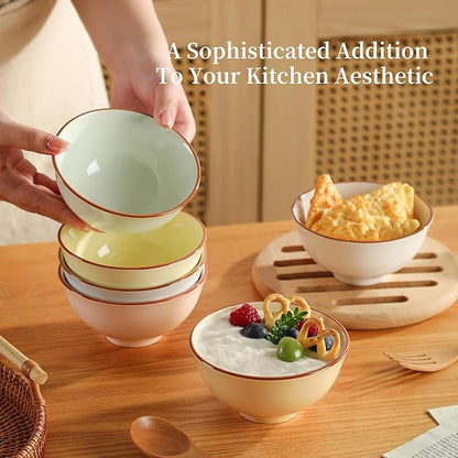 Ceramic Dessert Bowl Set of 6 - Small Porcelain Bowls for Rice, Snack, Ice Cream - Microwave and Dishwasher Safe - Assorted Candy Hue - 4.7 Inch - 10 OZ