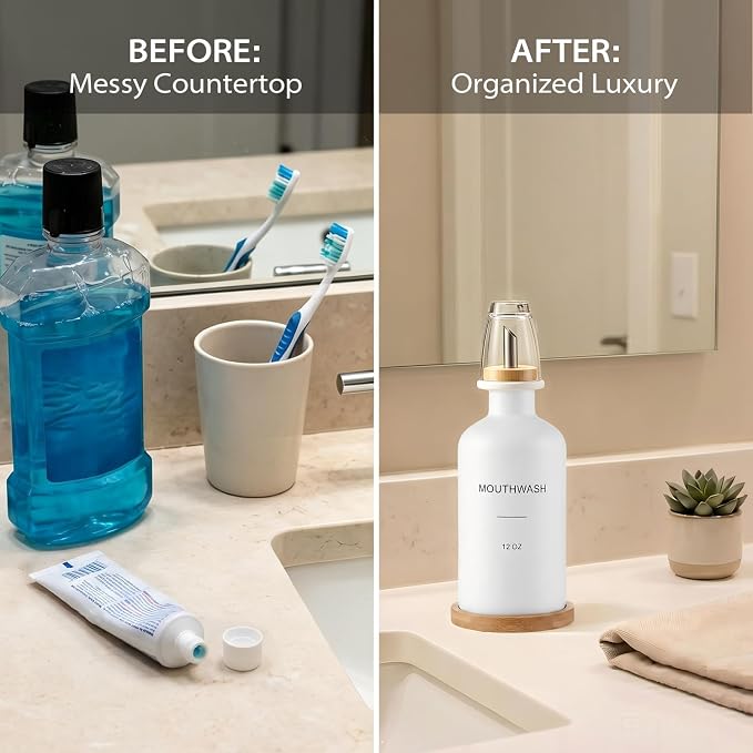 Glass Mouthwash Dispenser for Bathroom, Stainless Steel & Bamboo Nozzle - Image 3