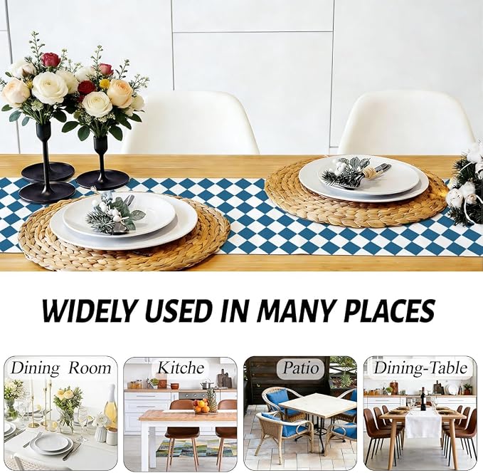 Blue White Diamond Table Runner, Tea Themed Party Decoration | Long Checkered - Image 5