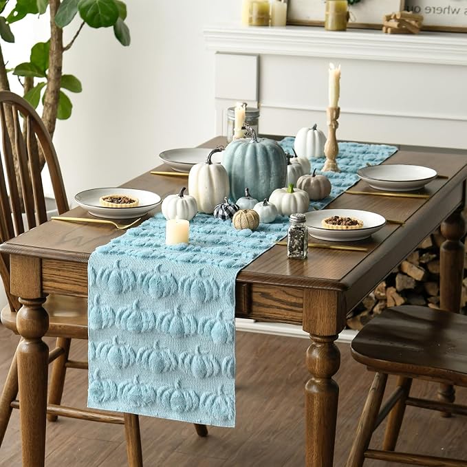 Artoid Mode Blue Soft Faux Fur Pumpkins Fall Table Runner 13x72 Inch | Seasonal - Image 6
