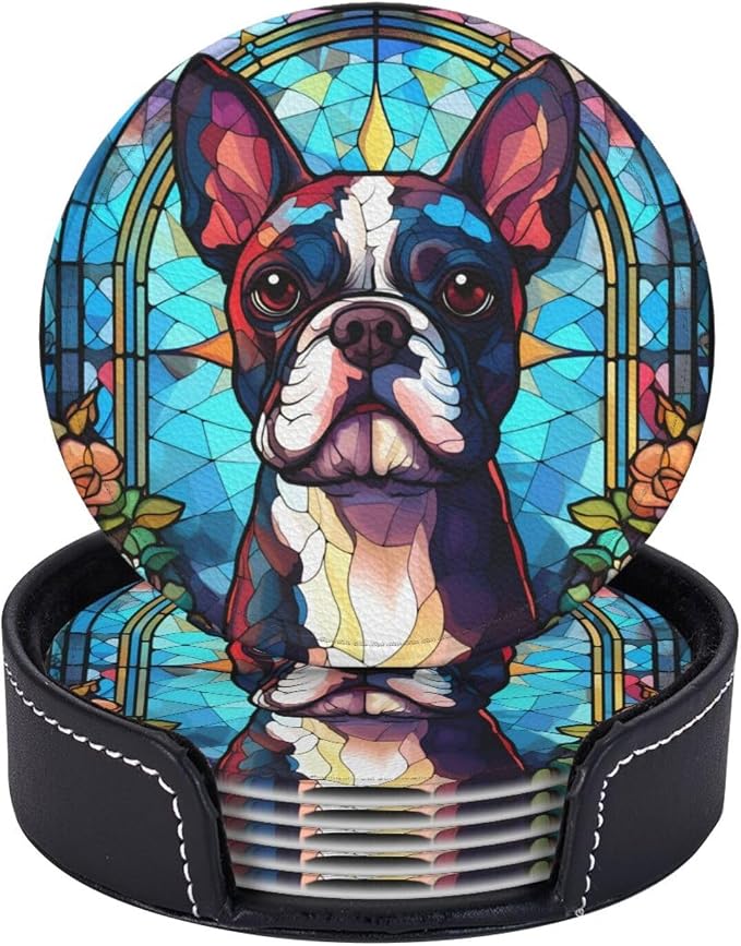 Boston Terrier Stained Dog Breed Glass Art Leather Drinks Coasters by Novgift