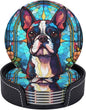 Boston Terrier Stained Dog Breed Glass Art Leather Drinks Coasters by Novgift