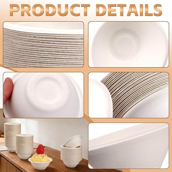 LeonBach 150 Pack 6 oz Natural Bagasse Fiber Paper Bowls, Small Compostable - Image 3