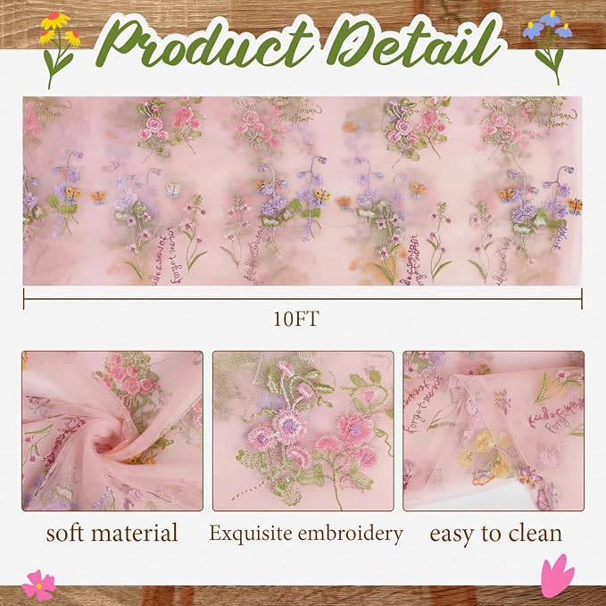 Pink Floral Table Runner 10ft Embroidery Tulle Spring Wildflower Table Runner - Image 2