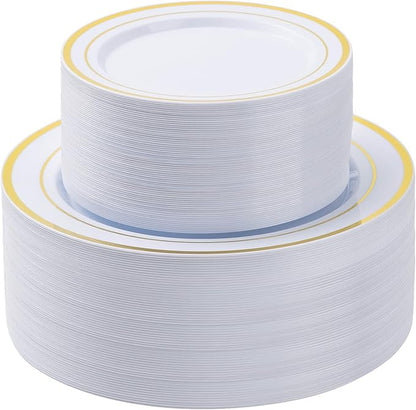 BESTSTAR 100PCS White Plastic Plates Set with Gold Rim, 50 10.25 inch Heavy Duty Dinner Plate and 50 7.5 inch Dessert Appetizer Plates, Premium Disposable Plates for Party, Wedding, Birthday