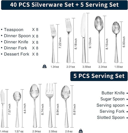 KINGSTONE Silverware Set for 8, 45-Piece Forged 18/10 Stainless Steel Flatware Set with Serving Utensils, Mirror Finish Cutlery Set Dishwasher Safe for Home, Restaurant, Wedding, Party