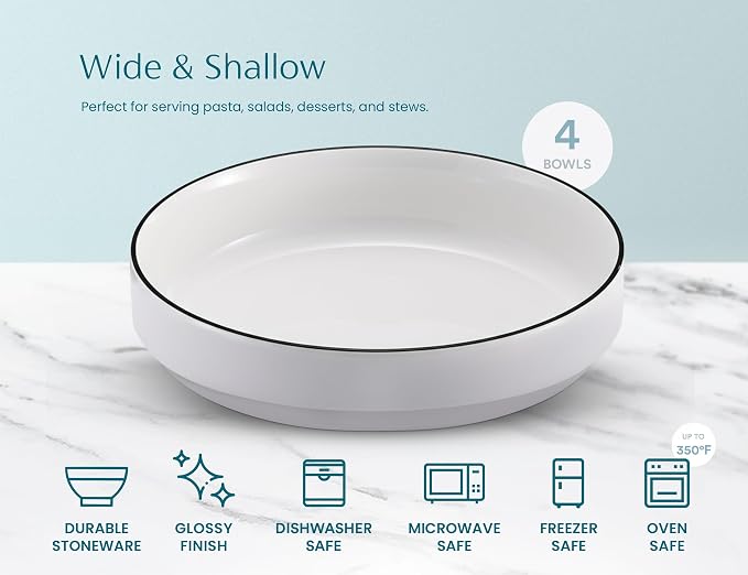 KooK Ceramic Large Pasta Bowls, Microwave and Dishwasher Safe, Shallow Serving - Image 6