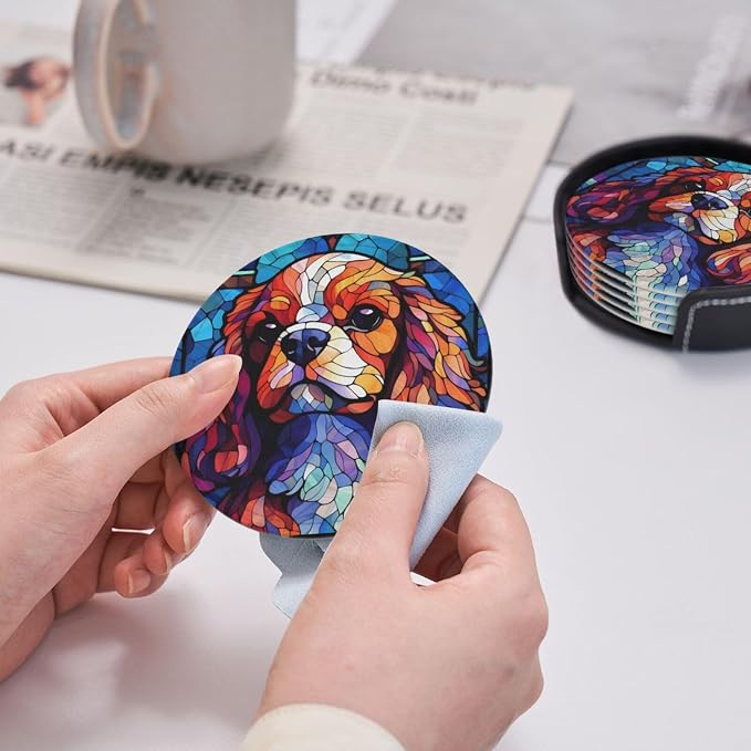 King Charles Cavalier Stained Dog Breed Glass Art Leather Drinks Coasters - Image 4