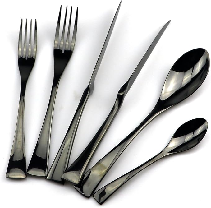JASHII 18/10 Stainless Steel 24 Piece Mirror Polished Black Flatware Set - Image 2