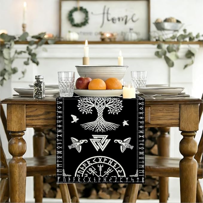 Black Viking Tree of Life Raven Helmet of Awe Table Runner | Seasonal Living - Image 3