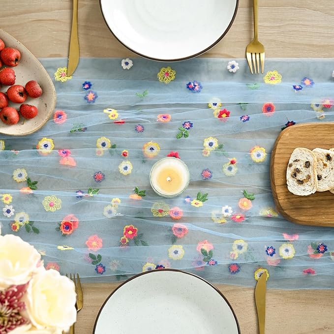 Artoid Mode Blue Embroidery Daisy Gauze Table Runner 59x120 Inch 10FT | - Image 2