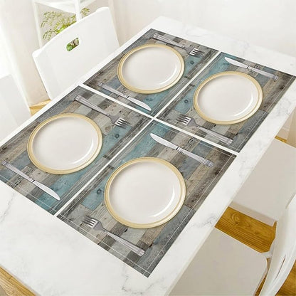 Rustic Plank Placemat Set, Vintage Old Shabby Colorful Beige Brown Blue Farmhouse Barn Wooden Board Pattern Home Decor Linen Table Mats for Dining Room Kitchen Party (17x12in) x4P