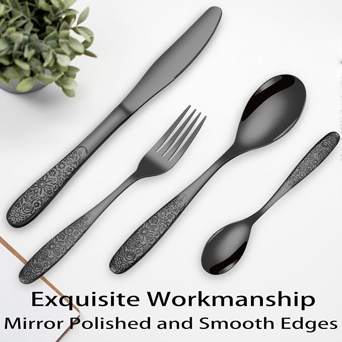 Black Rose Floral Embossed Silverware Set, Mirror Polished Unique Pattern - Image 6