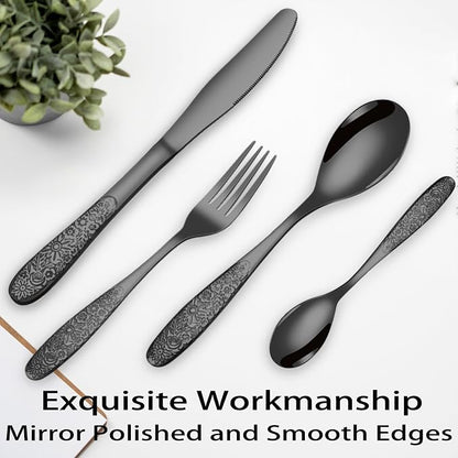 Black Rose Floral Embossed Silverware Set, Mirror Polished Unique Pattern - Image 6