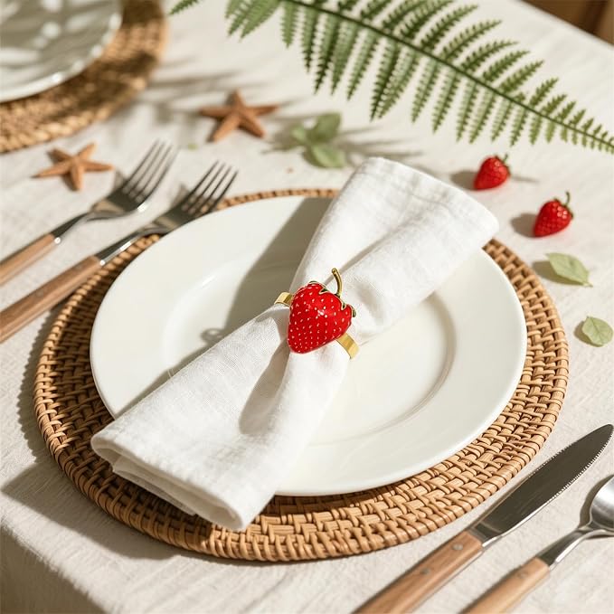 Strawberry Napkin Rings Set of 12 Red Enamel Berry Napkin Holder - Image 4