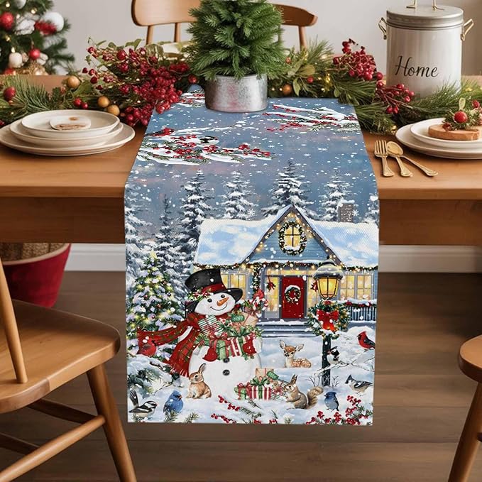 Merry Christmas Table Runner 120 Inches Long, Xmas Trees Snowman Snowflake - Image 2