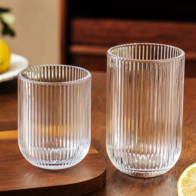 Ribbed Drinking Glasses 8pcs, Rocks Drinking Glasses 12oz and 10oz, Tumbler by Lumkit