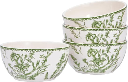 Bico Green Garden Toile De Jouy Cereal Bowls Set of 4, 26 oz Deep Ceramic Soup by Bico