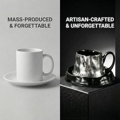 Volcanic Ash Titanium Finish Coffee Mug and Saucer Set | Modern Sculptural - Image 4