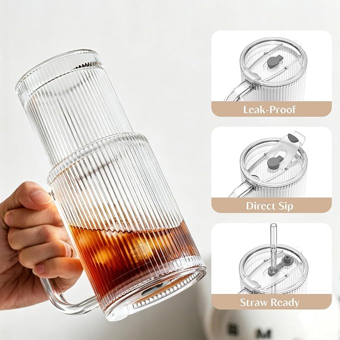 INSETLAN 24 oz Ribbed Glass Tumbler - Image 5