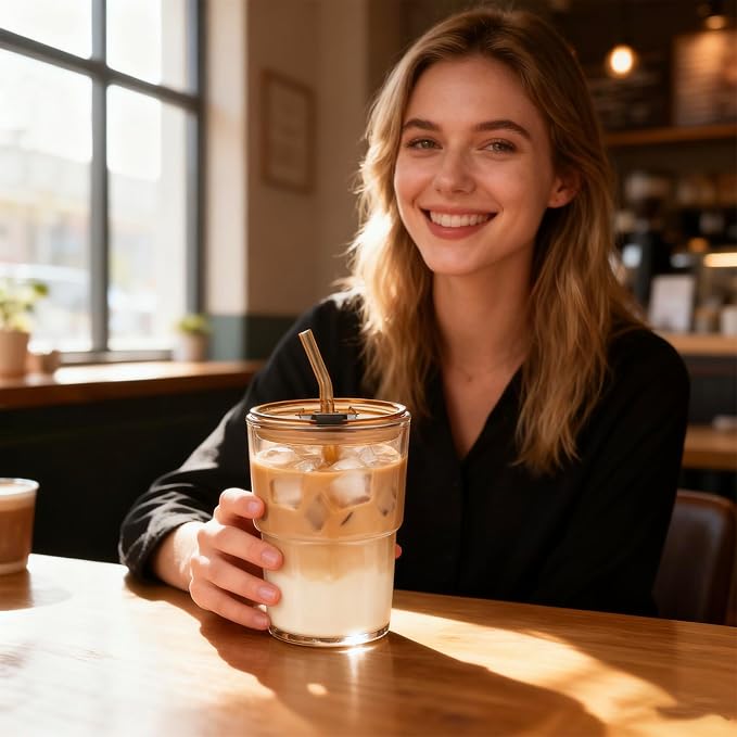 13oz Glass Tumbler with Straw and Leak-Proof Lid, Reusable Iced Coffee Cup - Image 2