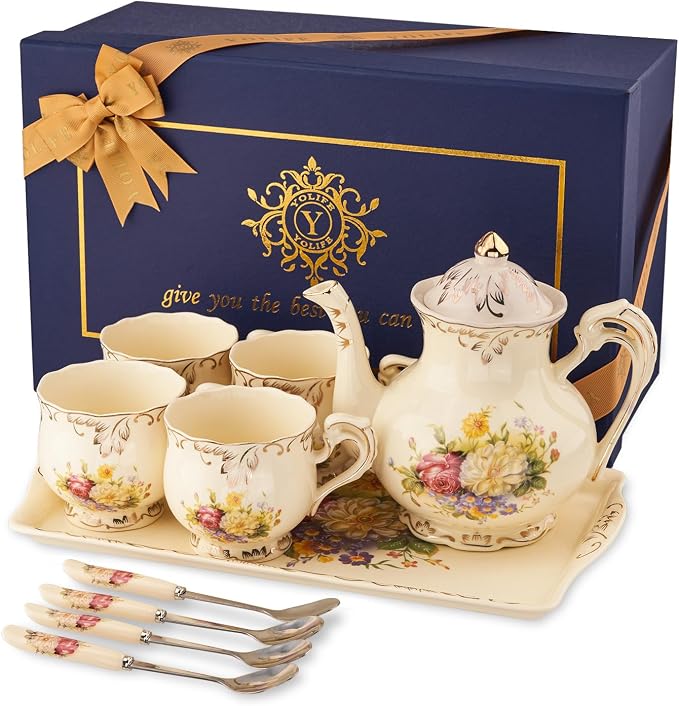 YOLIFE Porcelain Tea Set, Ivory Vintage Flowering Shrubs Teaset | 4 Teacups by YOLIFE