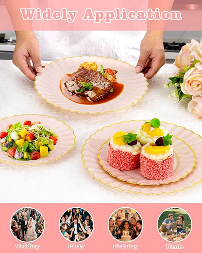 YOUBET 100PCS Pink and Gold Scalloped Plastic Plates - Image 7