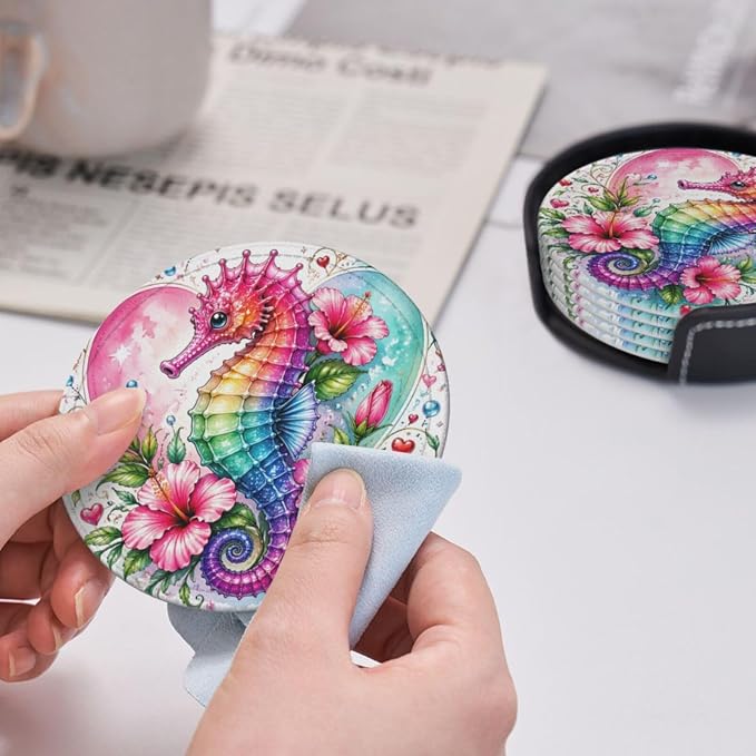 Romantic Heart Seahorse Art Leather Coasters Set of 6 - Image 6