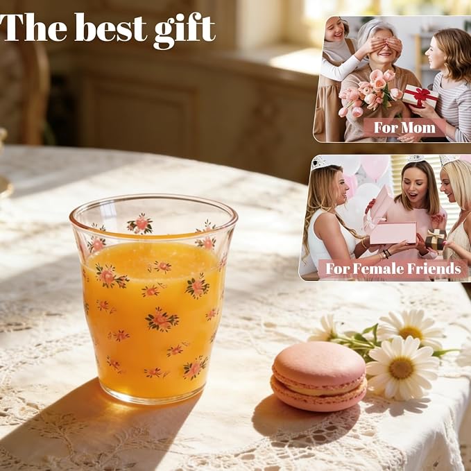 2-Pack Floral Glass Tea Cups, Vintage Flower Drinking Glasses Set, Cute - Image 3
